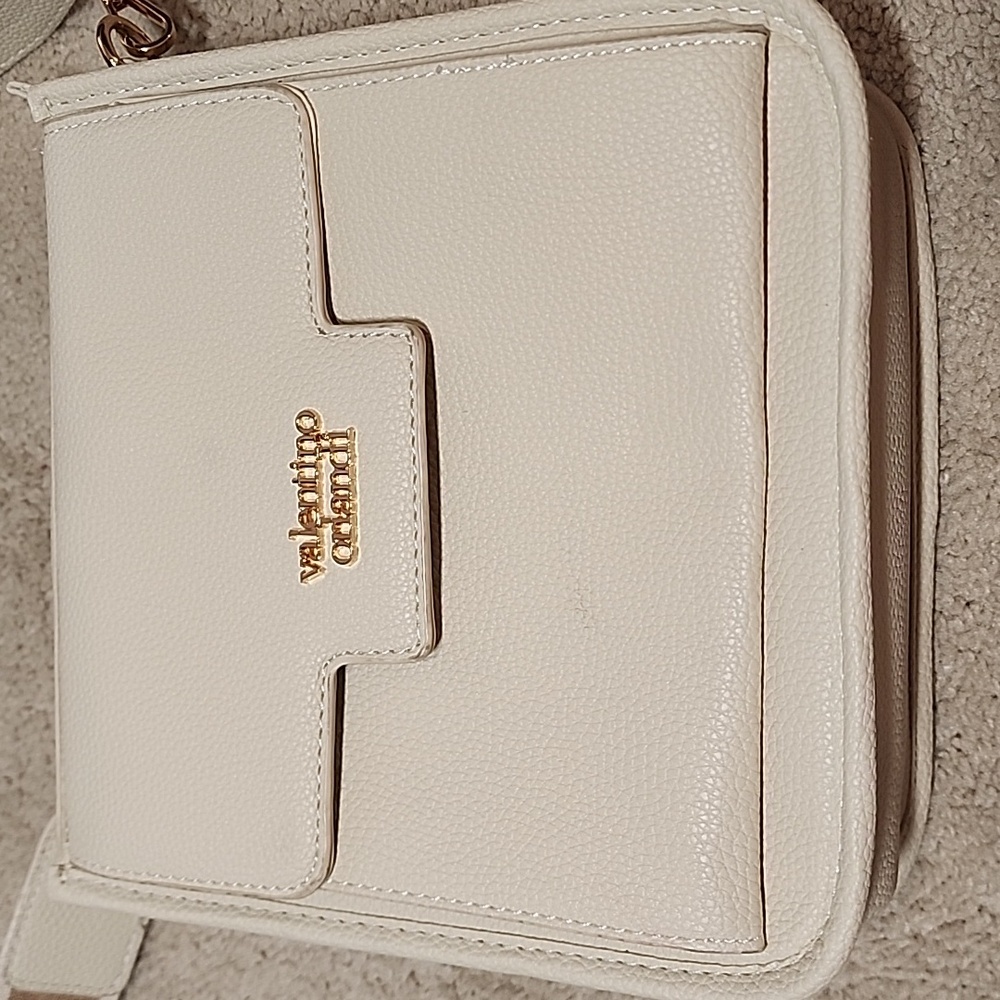 Valentino Orlandi Ivory Cream Crossbody Bag with Gold Accents Long Strap Pockets